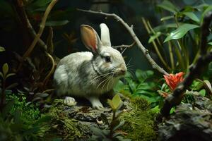 Cute rabbit exploring lush green habitat with red flower photo