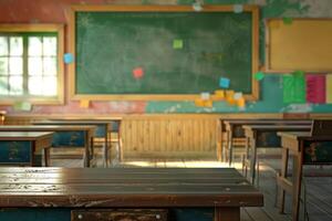Empty classroom with wooden table in foreground and chalkboard background photo