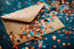 Open envelope overflowing with colorful confetti on blue background symbolizing celebration photo