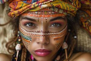 Indigenous model wearing colorful headscarf and face paint posing for a photoshoot photo