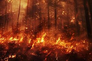 Forest fire burning wildly, sending embers into air, creating infernal scene photo
