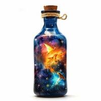 Spaceship exploring colorful nebula inside a corked bottle photo