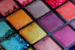 Colorful makeup palette showing variety of vibrant eye shadow colors photo