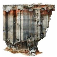 Destroyed concrete foundation with rusty rebar showing crumbling structure photo