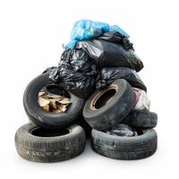 Pile of garbage bags and old tires creating pollution photo