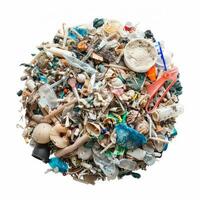 Circle of plastic garbage found on the beach showing pollution problem photo