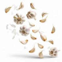 Garlic cloves and bulbs falling down on white background photo