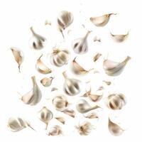 Garlic cloves and pieces flying on white background photo