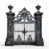 Ornate wrought iron gate standing in front of white background photo