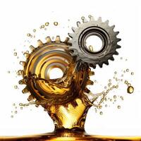 Gears rotating and splashing in golden oil on white background photo