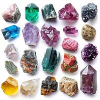 Twenty colorful uncut gemstones and minerals lying on a white surface photo