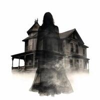 Ghost woman hovering over haunted house photo