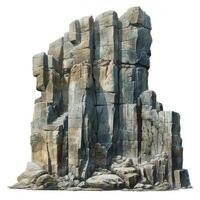 Huge weathered rock formation standing tall on white background photo