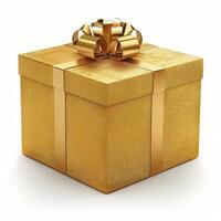 Golden gift box tied with a ribbon and a bow photo