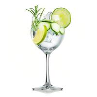 Refreshing gin tonic cocktail with cucumber, lime and rosemary standing on white background photo