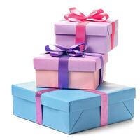 Stack of three gift boxes with colorful ribbons on white background photo