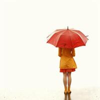 Woman with red umbrella standing on wet pavement after rain photo
