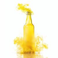Yellow colored drink bottle exploding with colorful smoke on white background photo