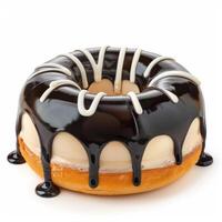 Delicious donut covered with dripping black icing and white chocolate stripes on white background photo