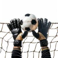 Goalkeeper jumping to catch a soccer ball in front of the net photo