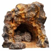 Big orange and grey rock formation creating cave opening with rocks inside on sand photo