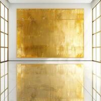 Modern art gallery showing a large gold painting with windows reflecting on floor photo
