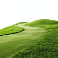 Winding grass path leading through rolling green hills photo