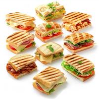 Tasty toasted sandwiches with various ingredients laying on white background photo