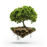 Flying island with tree growing from roots is floating in the air photo