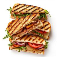Delicious grilled chicken sandwiches with tomatoes and cheese on white background photo