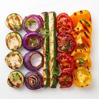 Grilled vegetables arranged in rows on white background photo