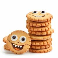 Stack of round cookies smiling with chocolate icing on white background photo