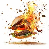 Tasty burger exploding with flames and spices on white background photo