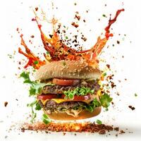 Delicious burger floating with sauces splashing around it photo