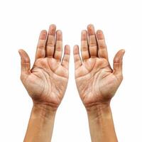 Two hands open and reaching upwards on white background photo