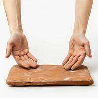 Potter presenting rectangular slab of clay on white background photo
