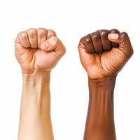 Two fists raised in the air showing unity and strength photo