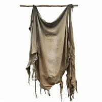 Old empty torn ragged fabric canvas hanging on wooden stick photo