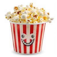 Striped popcorn bucket smiling and overflowing on white background photo