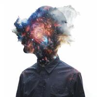 Man looking up with universe and galaxy inside his head photo