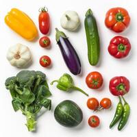 Fresh vegetables and fruits lying on white background photo