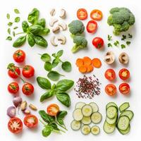Fresh colorful vegetables and spices forming a pattern on white background photo