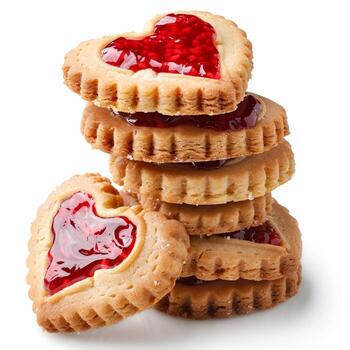 Stack of heart shaped cookies with raspberry jam filling photo