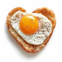 Toast in the shape of a heart with fried egg and black pepper on white background photo
