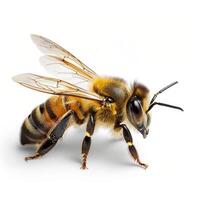 Honey bee standing on white background showing wings, legs, and antennae photo