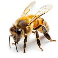 Honey bee standing on white background with open wings photo