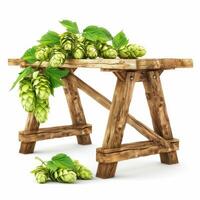Fresh hops hanging from rustic wooden table on white background photo