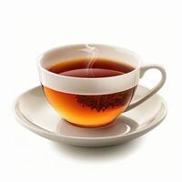 Steaming cup of tea with blooming flower tea on white background photo