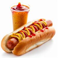 Hot dog covered with ketchup and mustard with a cup of sauce photo