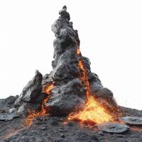 Volcano erupting with molten lava flowing down rocky mountain on white background photo